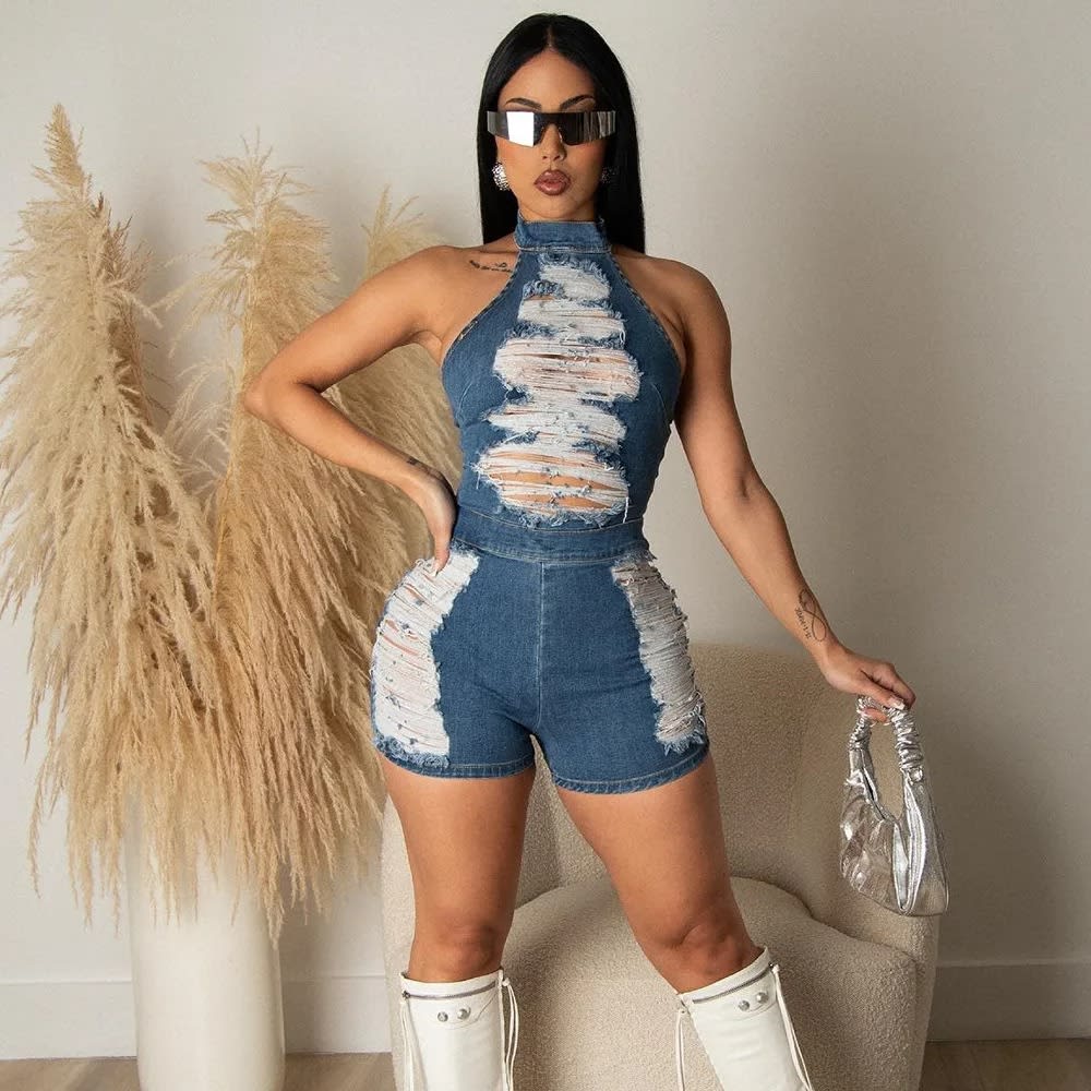 2024 Denim Halter Jumpsuit - Sexy Hollow Out Tassel Distressed Shorts